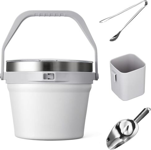 COKTIK 7L Vacuum Insulated Ice Bucket with Lid and Scoop& Tongs，Large capacity Stainless Steel Beverage Bucket for Cocktail, Champagne, Wine, Beer，Large Parties（Milk White Suit） in Saudi Arabia