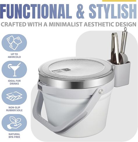 COKTIK 7L Vacuum Insulated Ice Bucket with Lid and Scoop& Tongs，Large capacity Stainless Steel Beverage Bucket for Cocktail, Champagne, Wine, Beer，Large Parties（Milk White Suit） in Saudi Arabia