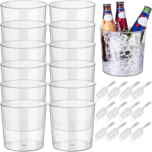 Garvee 6.5 in Clear Plastic Ice Bucket – Multi-Purpose Wine/Champagne/Beer Cooler, Snack Tub, Kettle Corn Bowl, Vase – BPA-Free, Food-Grade, Durable & Stylish (12-Pack with Ice Tongs) in Saudi Arabia