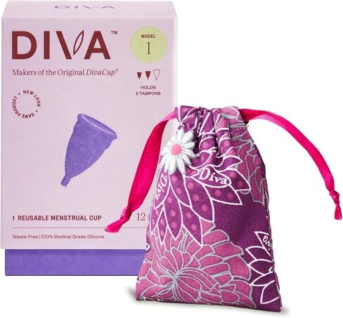 كأس DIVA موديل 2 وحقيبة - كوب سيليكون طبي للعناية بالدورة الشهرية - كأس حيض قابل لإعادة الاستخدام - ما يصل إلى 12 ساعة من الارتداء - موديل 2 (للقنوات المهبلية الواسعة، بعد الولادة والأعمار 35+) بالإضافة إلى حقيبة DivaPouch الرجعية in Kuwait