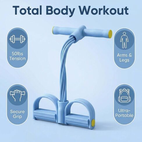 حزام مقاومة مكون من 6 أنابيب مع مقابض ودواسات للقدم، حزام لياقة بوزن 50 رطل للتمرين المنزلي، تمرين الجسم بالكامل، أزرق in Saudi Arabia