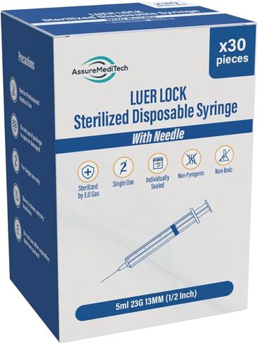 حقنة للاستعمال مرة واحدة بطرف قفل Luer 5 مل مع إبرة جميع أحجام المقاييس 23 جم 38 مم (1.5 بوصة)، مختومة بشكل فردي، صحية ومغلفة بالبثور - (عبوة من 30 قطعة) in Kuwait