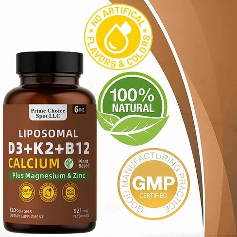 Vitamin D3 K2 B12 with Calcium Magnesium Zinc – 6-in-1 Bone & Muscle Support Complex | High Potency D3 5000 IU + K2 MK7 for Calcium Absorption, Mobility & Energy | Non-GMO, 120 Softgels in Saudi Arabia