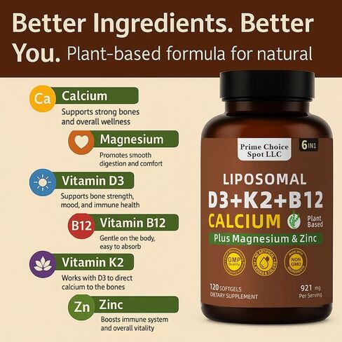 Vitamin D3 K2 B12 with Calcium Magnesium Zinc – 6-in-1 Bone & Muscle Support Complex | High Potency D3 5000 IU + K2 MK7 for Calcium Absorption, Mobility & Energy | Non-GMO, 120 Softgels in Saudi Arabia