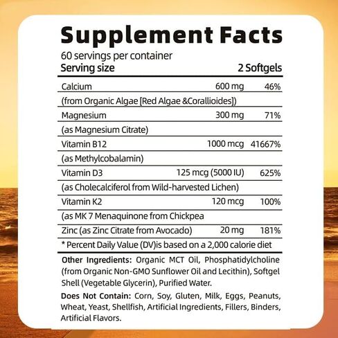 Vitamin D3 K2 B12 with Calcium Magnesium Zinc – 6-in-1 Bone & Muscle Support Complex | High Potency D3 5000 IU + K2 MK7 for Calcium Absorption, Mobility & Energy | Non-GMO, 120 Softgels in Saudi Arabia