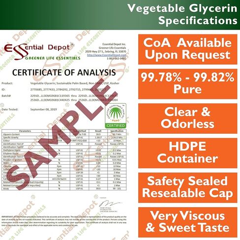 جليسرين نباتي - 1 لتر - VG من RSPO النخيل المستدام - غير معدل وراثيًا - موافق للشريعة اليهودية - دستور الأدوية الأمريكي - درجة الغذاء - موافق للشريعة اليهودية - حلال مقبول - درجة صيدلانية - حاوية HDPE محكمة الإغلاق وقابلة للإغلاق in Kuwait