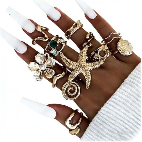 Chunky Gold Rings for Women Non Tarnish, Baroque Pearl Flower Tiger's Eye Stone Rings Adjustable Stacking Statement Rings Set Fashion Jewelry Gifts in Saudi Arabia