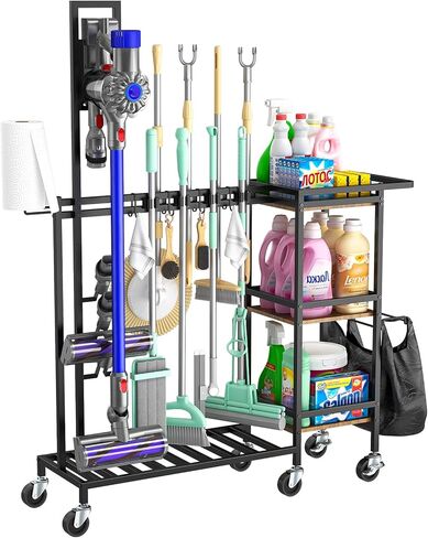 Cleaning Utility Cart on Wheels, Multifunctional Cleaning Tools Supplies Organizer with Broom and Mop Holder, Vacuum Stand Compatible with Dyson, Rolling Storage Caddy Cart for Home in Saudi Arabia
