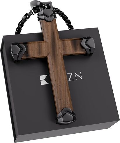 قلادة صليب خشبية من RTZN® للرجال - قلادة متقاطعة مصنوعة يدويًا من خشب الأبنوس الطبيعي/Bubinga للرجال مع سلسلة صندوق من الفولاذ المقاوم للصدأ 3 مم 22 بوصة + 2 بوصة بوصة in Kuwait