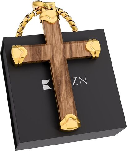 قلادة صليب خشبية من RTZN® للرجال - قلادة متقاطعة مصنوعة يدويًا من خشب الأبنوس الطبيعي/Bubinga للرجال مع سلسلة صندوق من الفولاذ المقاوم للصدأ 3 مم 22 بوصة + 2 بوصة بوصة in Kuwait