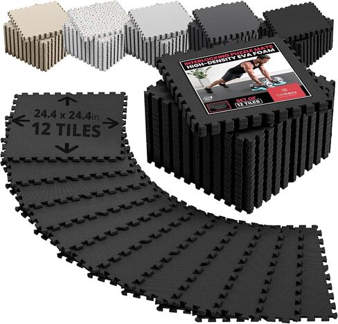 مجموعة سجادات صالة الألعاب الرياضية bemaxx - 12 قطعة من بلاط الأرضيات الإسفنجي المتشابك EVA (24.4 بوصة × 24.4 بوصة × 0.4 بوصة) 48 قدمًا مربعًا أرضيات رياضية واقية للتمارين الرياضية المنزلية وتمارين التمارين الرياضية والألغاز واللياقة البدنية وغرفة اللعب و in Kuwait