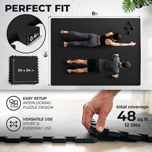 مجموعة سجادات صالة الألعاب الرياضية bemaxx - 12 قطعة من بلاط الأرضيات الإسفنجي المتشابك EVA (24.4 بوصة × 24.4 بوصة × 0.4 بوصة) 48 قدمًا مربعًا أرضيات رياضية واقية للتمارين الرياضية المنزلية وتمارين التمارين الرياضية والألغاز واللياقة البدنية وغرفة اللعب و in Kuwait