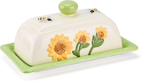 طبق زبدة سيراميك من Fungi Fun مع غطاء للسطح - تصميم عباد الشمس والفطر المزخرف، ملحقات مطبخ عباد الشمس الفريدة، طبق زبدة لطيف مع غطاء للسطح، يحمل 2 عصا in Kuwait