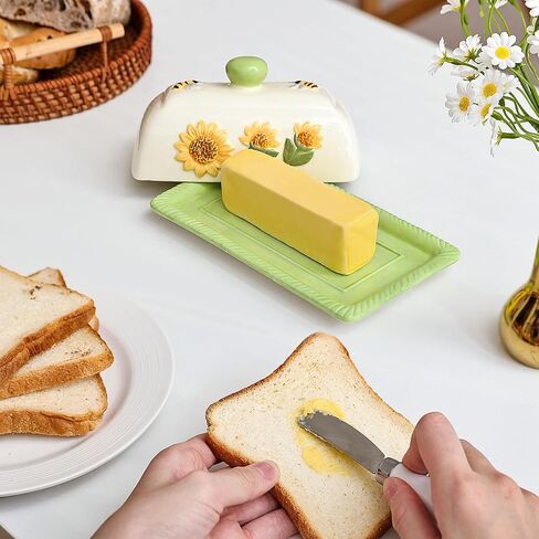 طبق زبدة سيراميك من Fungi Fun مع غطاء للسطح - تصميم عباد الشمس والفطر المزخرف، ملحقات مطبخ عباد الشمس الفريدة، طبق زبدة لطيف مع غطاء للسطح، يحمل 2 عصا in Kuwait