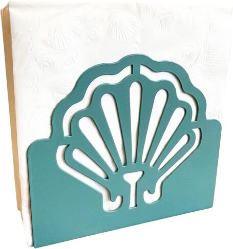 Coastal Metal Napkin Holder – Decorative Scallop Shell Design, Seafoam Teal Smooth Finish – Large Tabletop Napkin Caddy for 6.5" x 6.5" or Larger Napkins – Beach House Kitchen & Dining Décor in Saudi Arabia