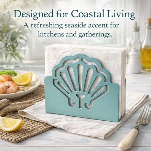 Coastal Metal Napkin Holder – Decorative Scallop Shell Design, Seafoam Teal Smooth Finish – Large Tabletop Napkin Caddy for 6.5" x 6.5" or Larger Napkins – Beach House Kitchen & Dining Décor in Saudi Arabia
