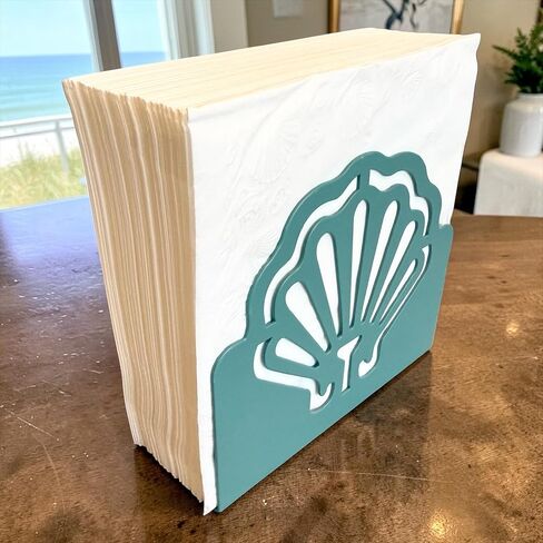 Coastal Metal Napkin Holder – Decorative Scallop Shell Design, Seafoam Teal Smooth Finish – Large Tabletop Napkin Caddy for 6.5" x 6.5" or Larger Napkins – Beach House Kitchen & Dining Décor in Saudi Arabia