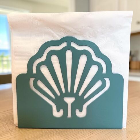 Coastal Metal Napkin Holder – Decorative Scallop Shell Design, Seafoam Teal Smooth Finish – Large Tabletop Napkin Caddy for 6.5" x 6.5" or Larger Napkins – Beach House Kitchen & Dining Décor in Saudi Arabia