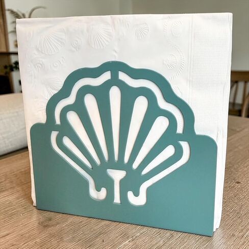 Coastal Metal Napkin Holder – Decorative Scallop Shell Design, Seafoam Teal Smooth Finish – Large Tabletop Napkin Caddy for 6.5" x 6.5" or Larger Napkins – Beach House Kitchen & Dining Décor in Saudi Arabia