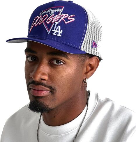 New Era LA Los Angeles Dodgers 9FIFTY A-Frame Trucker Snapback Cap, Adjustable Hat Navy Blue in Saudi Arabia