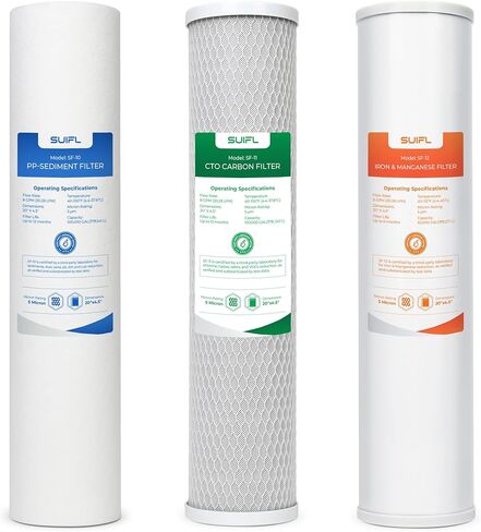 مجموعة فلتر مياه منزلية كاملة 4.5 * 20 بوصة، متوافقة مع Express Water WH300SICS، FLTWH2045ICS1، iSpring WGB32BM، F3WGB32BM، حزمة مع PP، CTO، فلتر الحديد والمنغنيز، مجموعة واحدة in Kuwait