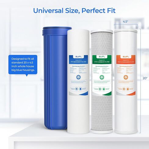 مجموعة فلتر مياه منزلية كاملة 4.5 * 20 بوصة، متوافقة مع Express Water WH300SICS، FLTWH2045ICS1، iSpring WGB32BM، F3WGB32BM، حزمة مع PP، CTO، فلتر الحديد والمنغنيز، مجموعة واحدة in Kuwait
