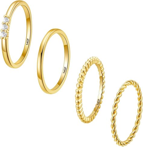 WEDDINEN 4 قطع من خواتم الذهب للنساء، S925 من الفضة الاسترليني عيار 14 قيراط مطلية بالذهب قابلة للتكديس ومجموعة خواتم إبهام رفيعة مكعبة زركونيا أنيقة ومكدسة من خواتم المفصل الذهبية مقاس 6-10 in Kuwait