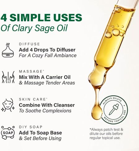 100% Pure Clary Sage Oil - 1 Fl Oz Clary Sage Essential Oil for Hair, Skin, Diffuser, Aromatherapy & DIY Soap Making Scent in Kuwait