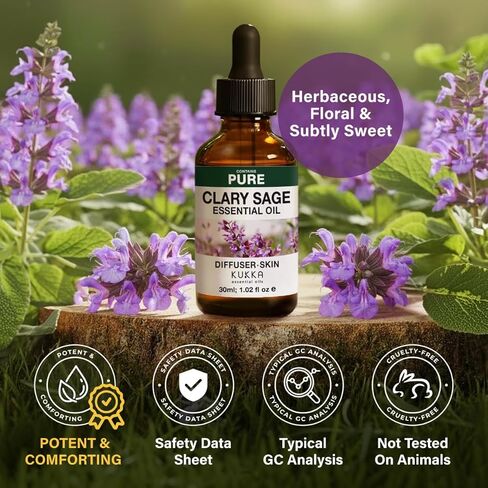 100% Pure Clary Sage Oil - 1 Fl Oz Clary Sage Essential Oil for Hair, Skin, Diffuser, Aromatherapy & DIY Soap Making Scent in Kuwait