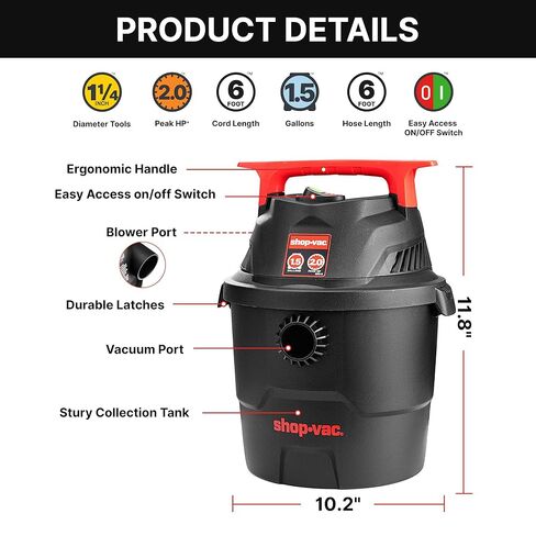 Shop-Vac 1.5 جالون 2.0 مكنسة كهربائية رطبة/جافة، مكنسة كهربائية صغيرة محمولة للمتجر مع ملحقات، مكنسة كهربائية صغيرة للمرآب والسيارة والمنزل والحيوانات الأليفة in Saudi Arabia