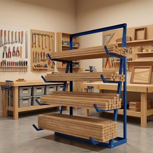 4500LBS 4 Tier Lumber Horizontal Storage Rack Alloy Steel Material, Heavy Duty Free Standing Storage Cantilever Rack, Adjustable Pipe Storage Rack, Wood Lumber Shelf Organizer for Garage Workshop Shed in Saudi Arabia
