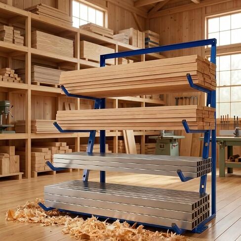 4500LBS 4 Tier Lumber Horizontal Storage Rack Alloy Steel Material, Heavy Duty Free Standing Storage Cantilever Rack, Adjustable Pipe Storage Rack, Wood Lumber Shelf Organizer for Garage Workshop Shed in Saudi Arabia