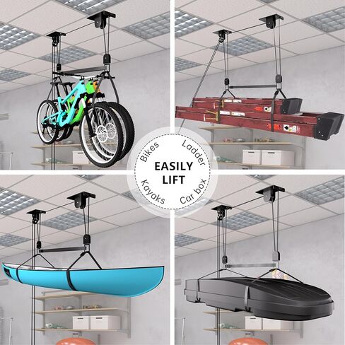 TRUSOON Ladder Storage, Larger Pulley Ladder Hoist, Self Locking Function Ladder Hanger, Garage Ceiling Mount Lift System for Kayak, Cargo Box, Canoe, Bike,Fit 10-14 Foot Ceilings, Hold 150 lbs in Saudi Arabia