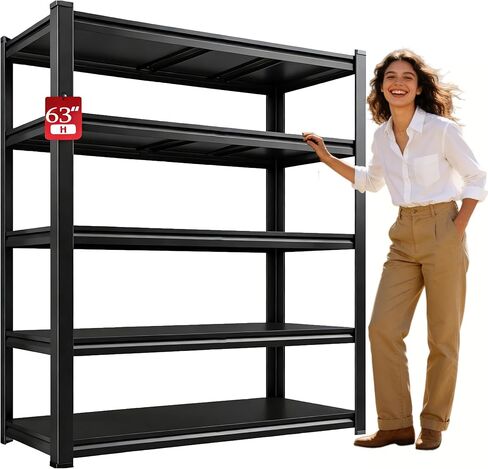 63 بوصة ارتفاع × 45 بوصة عرض، أرفف تخزين مكونة من 5 طبقات وحدة رفوف معدنية قابلة للتعديل للخدمة الشاقة، أرفف مساعدة للمطبخ وغرفة النوم ومخزن المرآب ومستودع الطابق السفلي، 16 بوصة عمق (أسود) in Kuwait