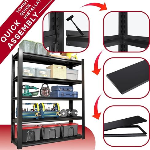 63 بوصة ارتفاع × 45 بوصة عرض، أرفف تخزين مكونة من 5 طبقات وحدة رفوف معدنية قابلة للتعديل للخدمة الشاقة، أرفف مساعدة للمطبخ وغرفة النوم ومخزن المرآب ومستودع الطابق السفلي، 16 بوصة عمق (أسود) in Kuwait