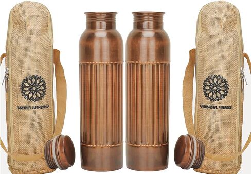 Pure Copper Water Bottle 34oz (1 Liter) - 100% Handmade Ayurvedic Copper Vessel, Leak Proof, BPA Free, Large Antique Design with Carry Bag for Gym, Yoga, Hiking & Office - 1000 ml, Natural in Saudi Arabia