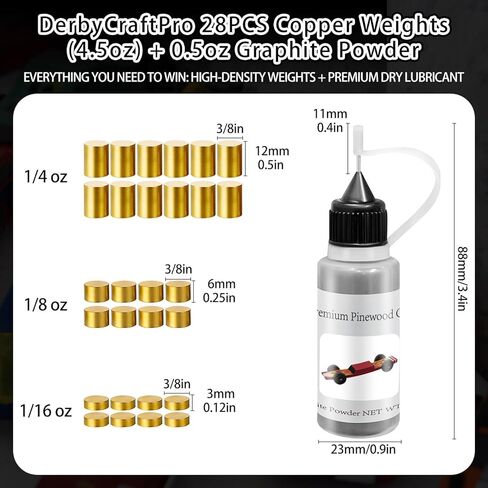DerbyCraftPro Pinewood Car Weights Kit |Tungsten Weights (12Pieces,3.25oz), 0.5oz Graphite Powder for Derby Wheels & Axles | Multi-Use Lock Graphite Lubricant | Precision Counterweight to Boost Speed in Saudi Arabia