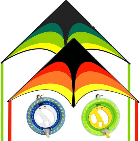 3 Pack Delta Kite Set for Adults and Kids, Single Line Beach Kites for Boys & Girls, Three Handle with String Included (Green, Blue & Rainbow) in Kuwait