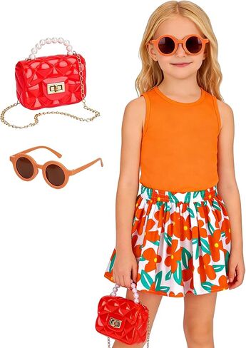 ملابس الفتيات ملابس الصيف للفتيات الصغيرات مجموعة ملابس 4 قطع للأطفال الصغار تانك توب وسروال قصير مقاس 2T-8Y in Kuwait