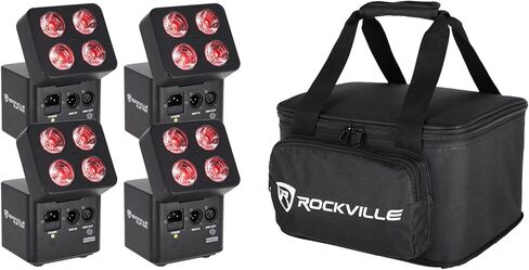 Rockville FLIP 4 عبوات من البطاريات السوداء يمكنها غسل الضوء والحقيبة والشاحن الذكي مع 4 أسلاك، DMX لاسلكي، بطارية 15 ساعة، تطبيق WiFi 4 مجموعات، تعديلات زاوية سهلة in Kuwait