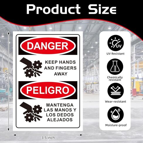 10 PCS DANGER Keep Hands And Fingers Away Safety English + Spanish OSHA Labels - 5 x 3.5 Inch Danger Bilingual Warning Stickers Decal, Vinyl Material for Industrial Machine Equipment in Saudi Arabia