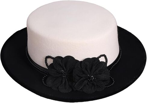Women's Black/White Dome and Flat Brim Wool Felt Fedora Hat with Flower Beaded Formal Church Cocktail Hats in Saudi Arabia