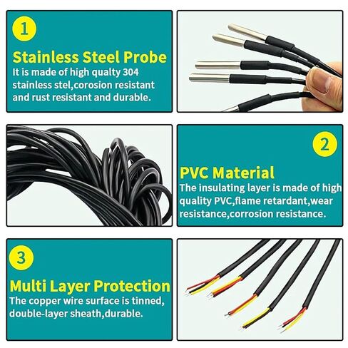 HaoDuoQian 5pcs DS18B20 1m Temperature Sensor High-Accuracy Stainless Steel Temperature Probe with Adapter Board and Jumper Wires in Saudi Arabia