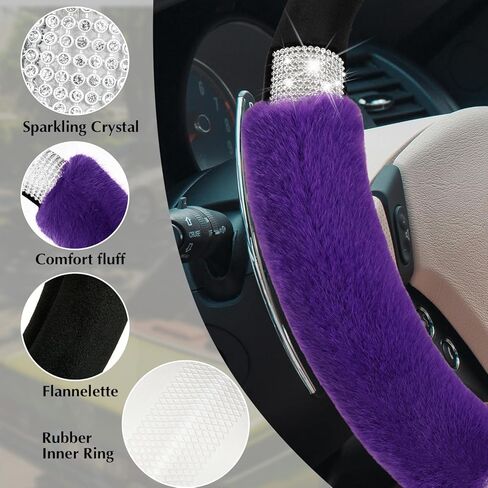Achiou Rhinestone Fluffy Steering Wheel Cover: Comfortable Non-Slip Faux Wool Grip, Universal Fit for 14.5" to 15" Steering Wheels in Saudi Arabia