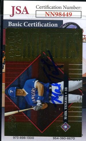 Mark Teixeira JSA Coa Autograph 2002 Leaf Rookie موقعة يدويًا - بطاقات بيسبول موقعة من MLB in Saudi Arabia
