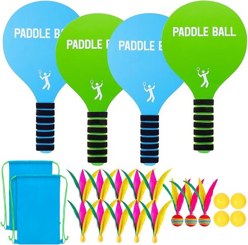 2 Beach Paddle Ball Sets - Funny Paddleball Rackets Game, Outdoor Sports Toys for Kids Adults Family Games Beach Yard Lawn Party Supplies (4 Paddles, 13 Birdies, 4 Balls, 2 Drawstring Bags) in Kuwait