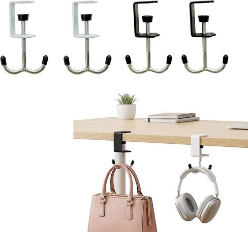 4 Pack Adjustable Under Desk Hooks (2 Black & 2 White), Universal Bag Hanger Fits Most Table Thickness, 100LB Capacity Heavy-Duty Dual Hook for Purse, Backpack, Office Home in Saudi Arabia