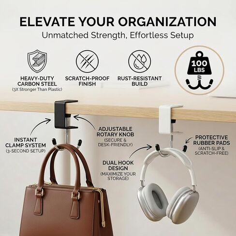 4 Pack Adjustable Under Desk Hooks (2 Black & 2 White), Universal Bag Hanger Fits Most Table Thickness, 100LB Capacity Heavy-Duty Dual Hook for Purse, Backpack, Office Home in Saudi Arabia