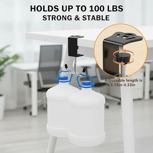 4 Pack Adjustable Under Desk Hooks (2 Black & 2 White), Universal Bag Hanger Fits Most Table Thickness, 100LB Capacity Heavy-Duty Dual Hook for Purse, Backpack, Office Home in Saudi Arabia