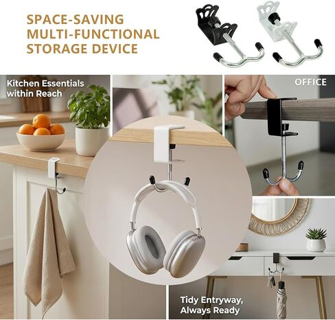 4 Pack Adjustable Under Desk Hooks (2 Black & 2 White), Universal Bag Hanger Fits Most Table Thickness, 100LB Capacity Heavy-Duty Dual Hook for Purse, Backpack, Office Home in Saudi Arabia
